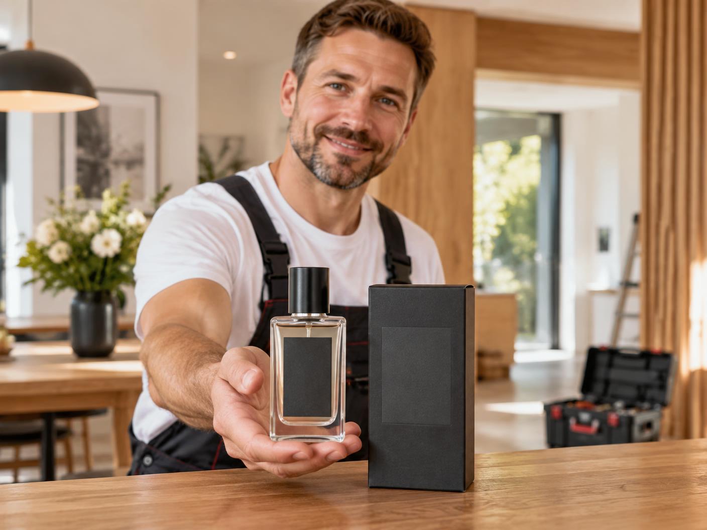 A tradesperson hands over a perfume in a bright living room