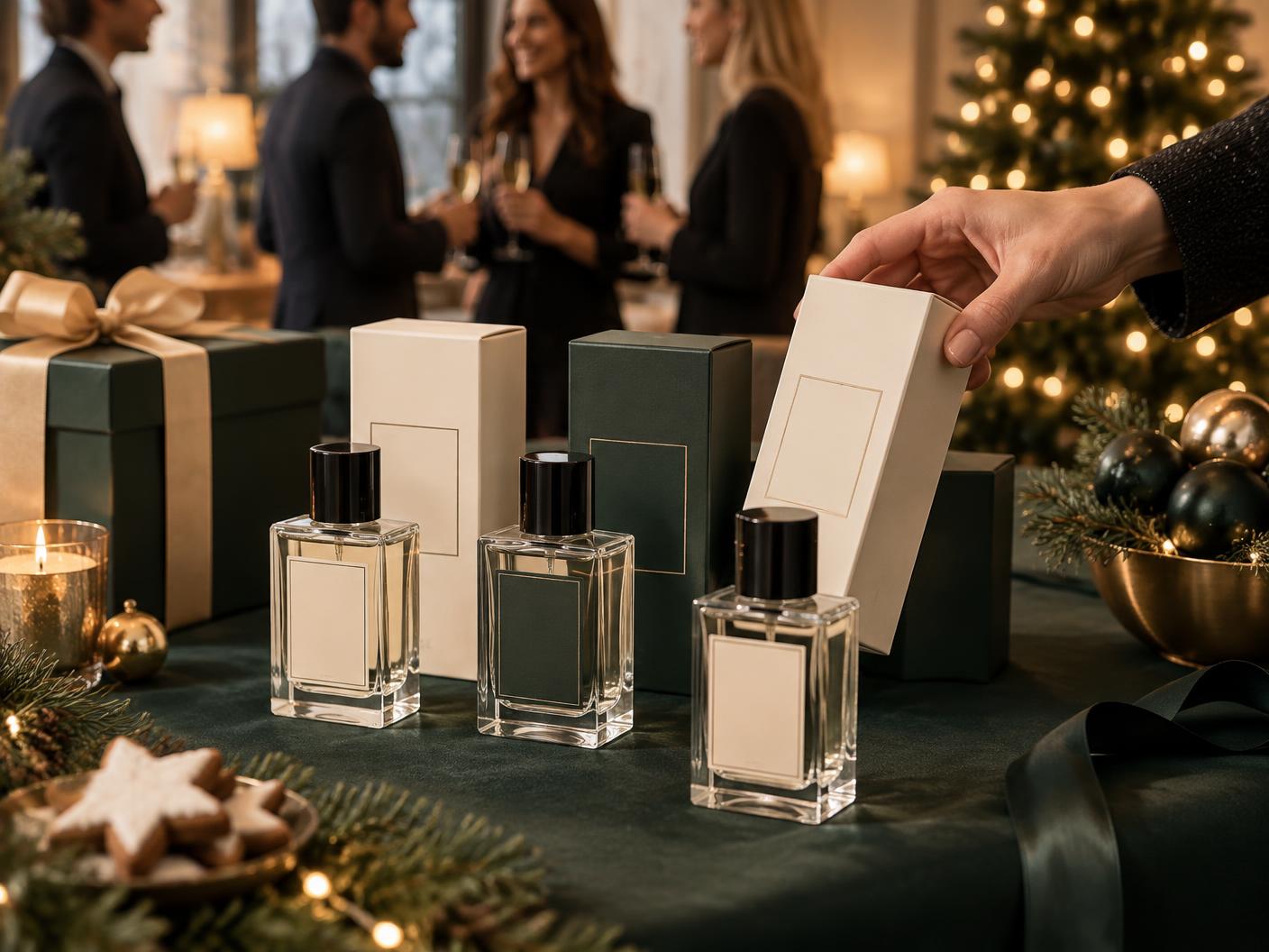 A set table with perfume bottles and folding boxes as Christmas gifts